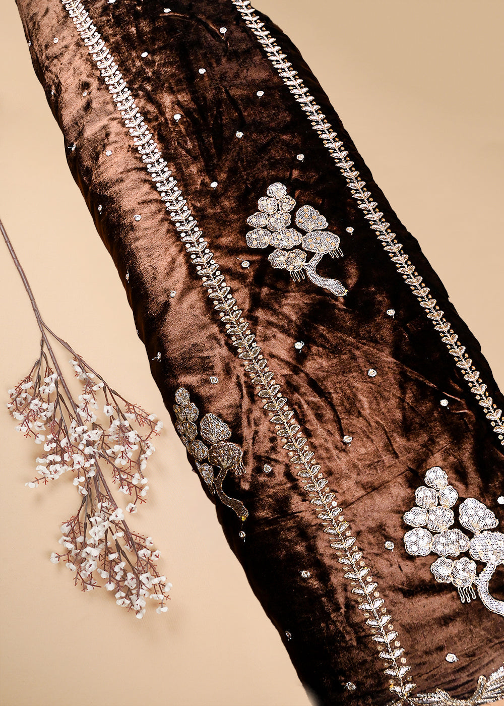 Brown Velvet Fabric With All Over Zari And Sequins Work 25140