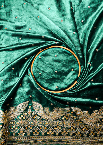 Teal Green Velvet Fabric With All Over Zari And Sequins Work With One Side Border 25141