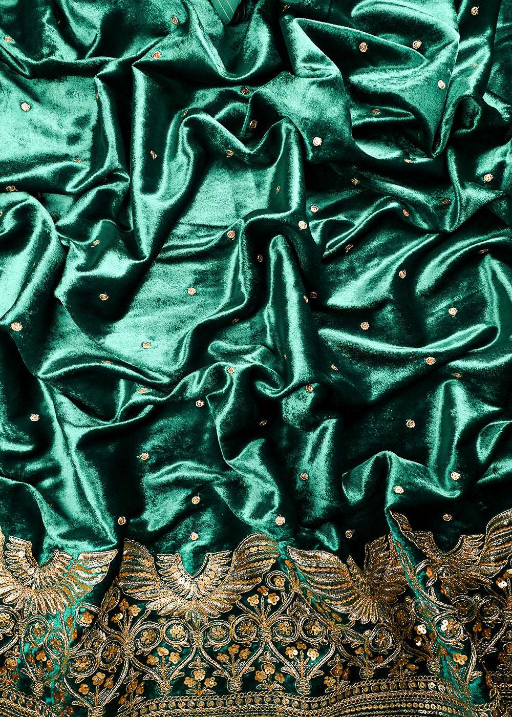 Teal Green Velvet Fabric With All Over Zari And Sequins Work With One Side Border 25141