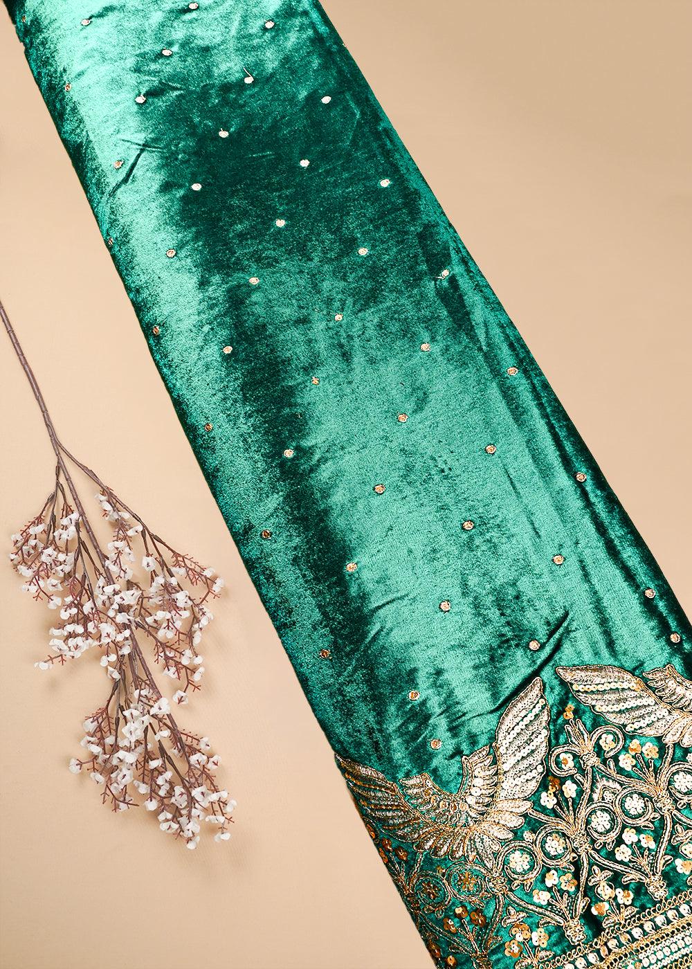 Teal Green Velvet Fabric With All Over Zari And Sequins Work With One Side Border 25141