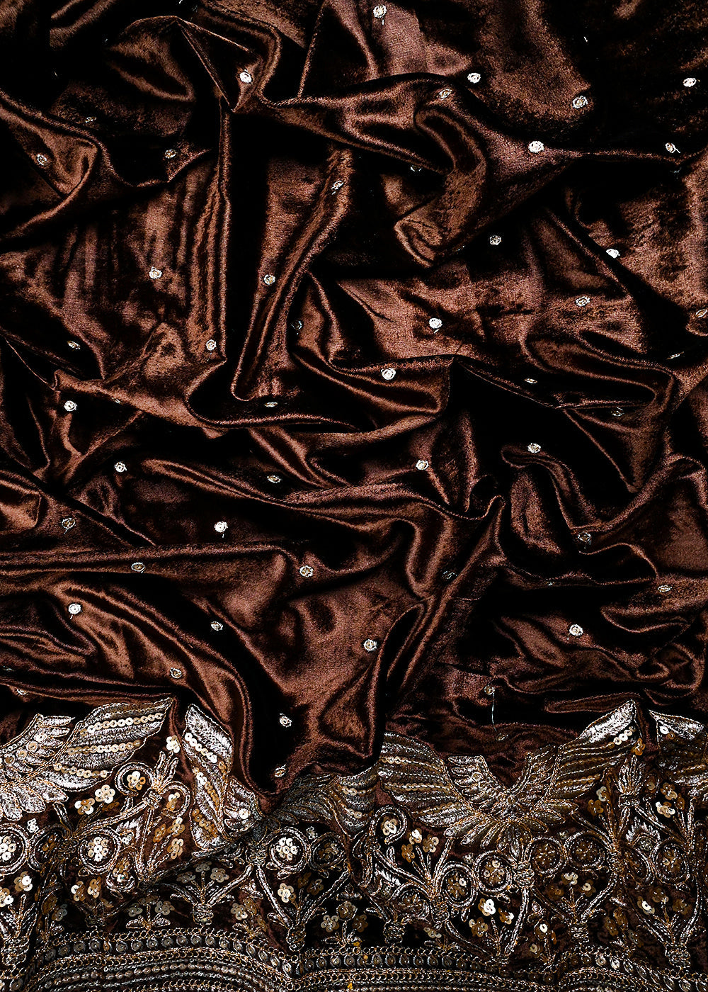 Brown Velvet Fabric With All Over Zari And Sequins Work With One Side Border 25142