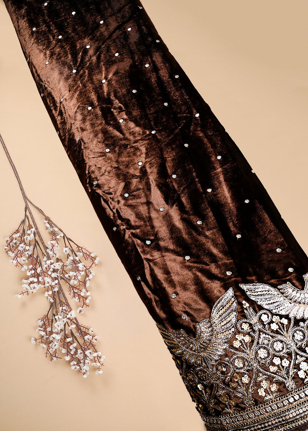 Brown Velvet Fabric With All Over Zari And Sequins Work With One Side Border 25142