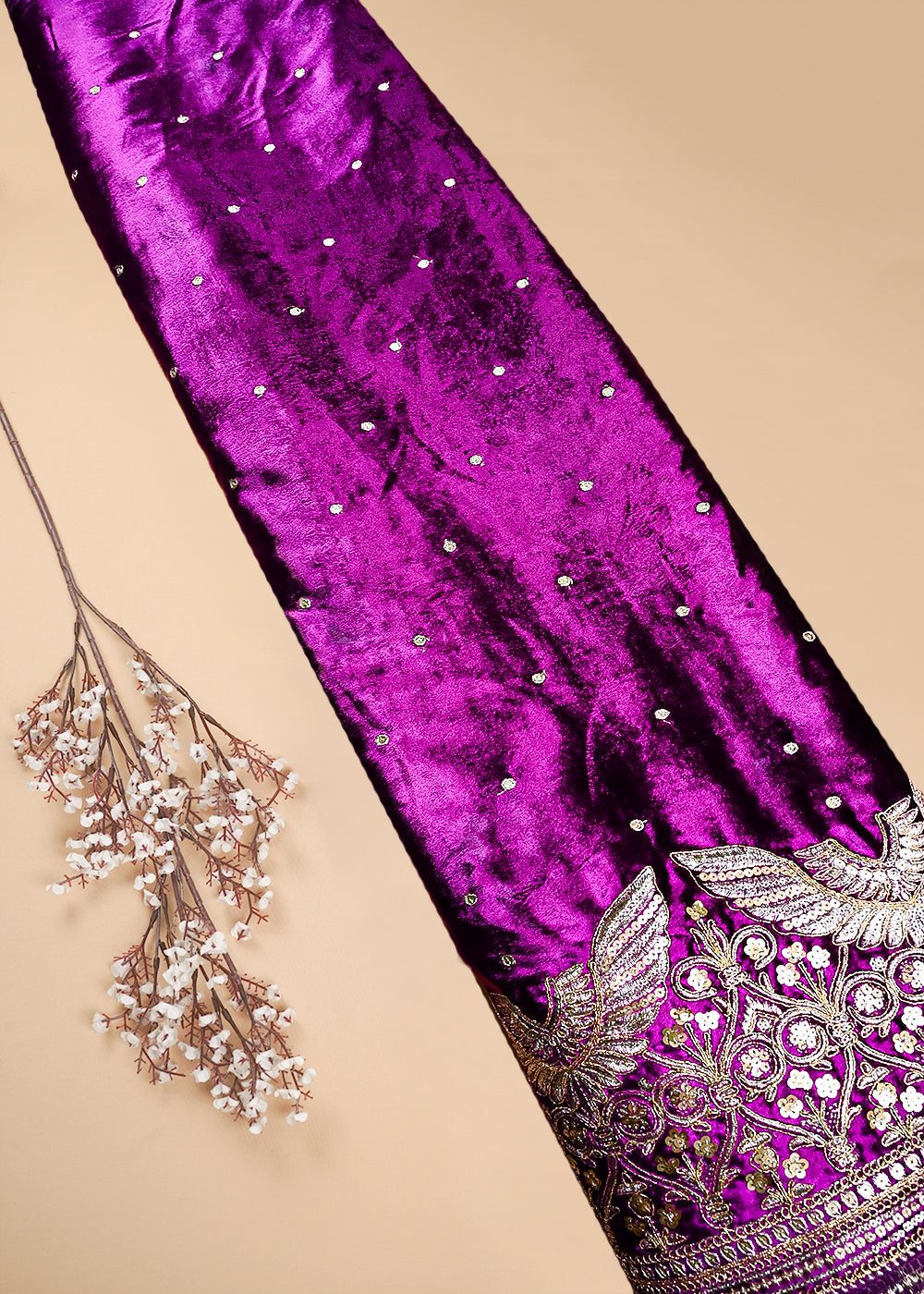 Purple Velvet Fabric With All Over Zari And Sequins Work With One Side Border 25143