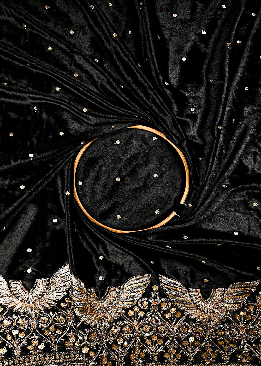 Black Velvet Fabric With All Over Zari And Sequins Work With One Side Border 25144