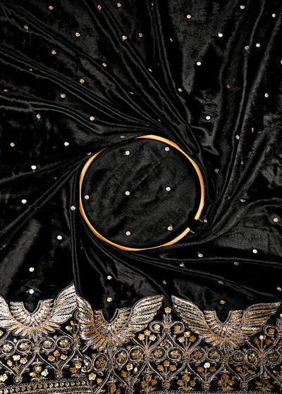 Black Velvet Fabric With All Over Zari And Sequins Work With One Side Border 25144
