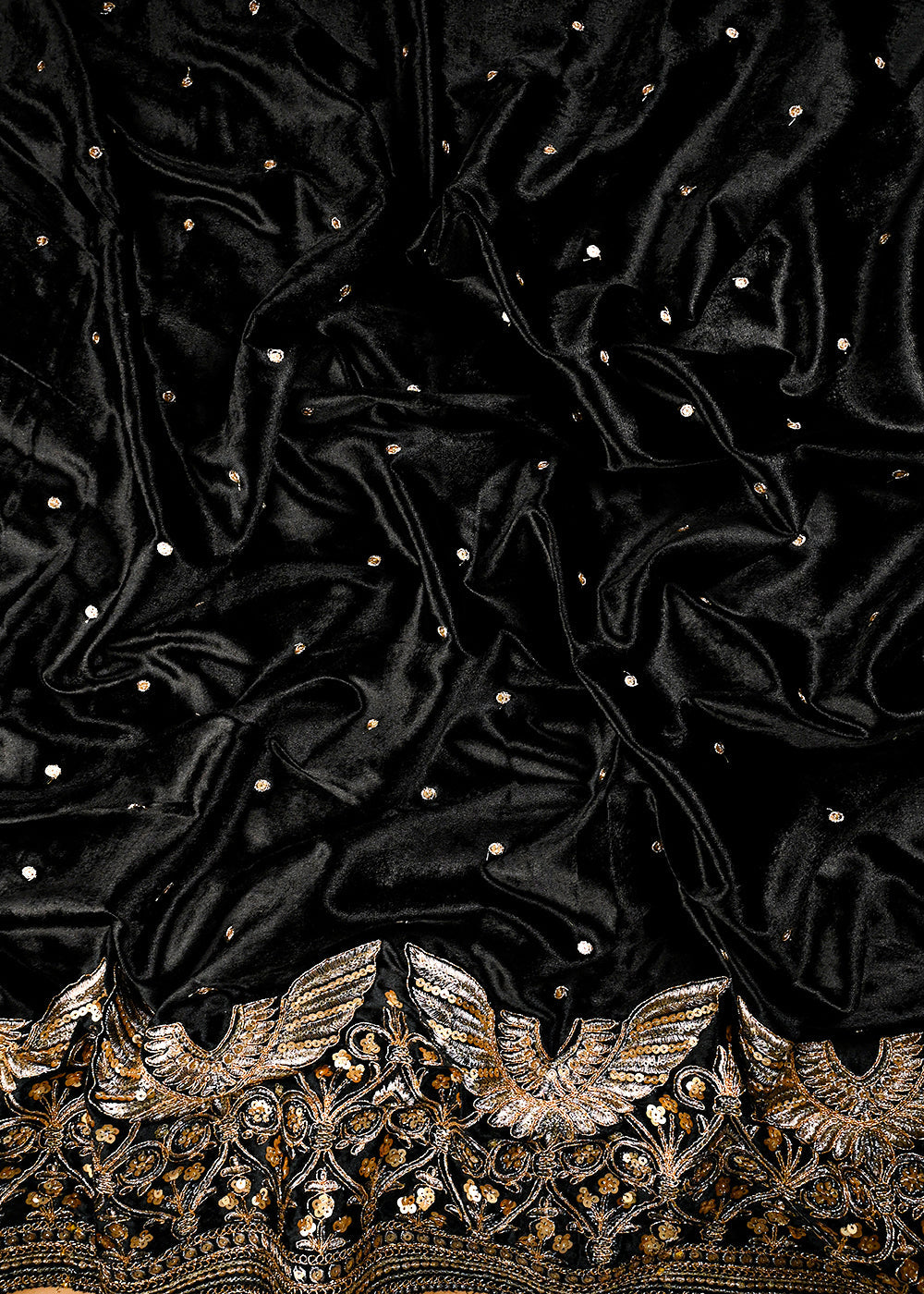 Black Velvet Fabric With All Over Zari And Sequins Work With One Side Border 25144