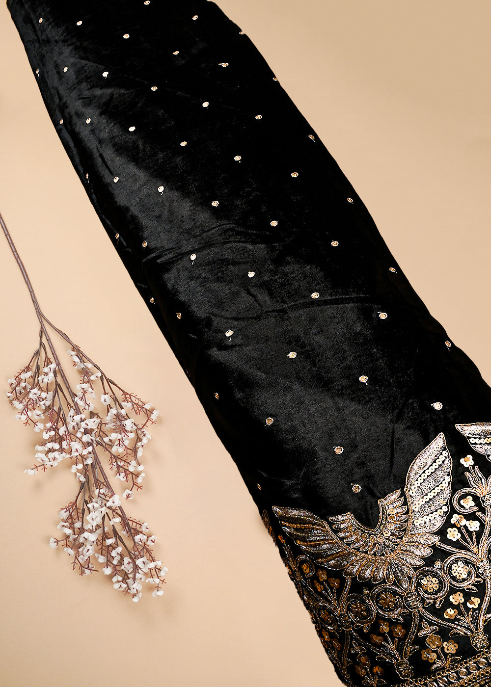 Black Velvet Fabric With All Over Zari And Sequins Work With One Side Border 25144