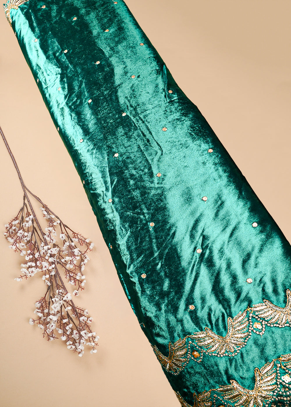 Teal Green Velvet Dupatta Fabric With All Over Zari And Sequins Work With Both Side Border 25147