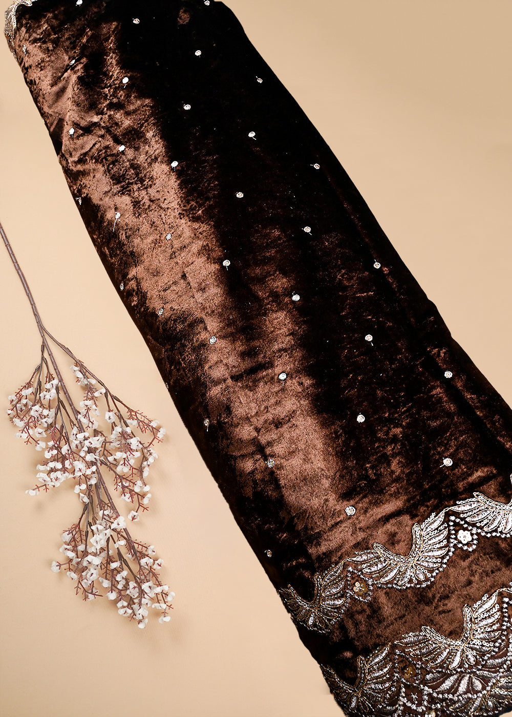 Brown Velvet Dupatta Fabric With All Over Zari And Sequins Work With Both Side Border 25148