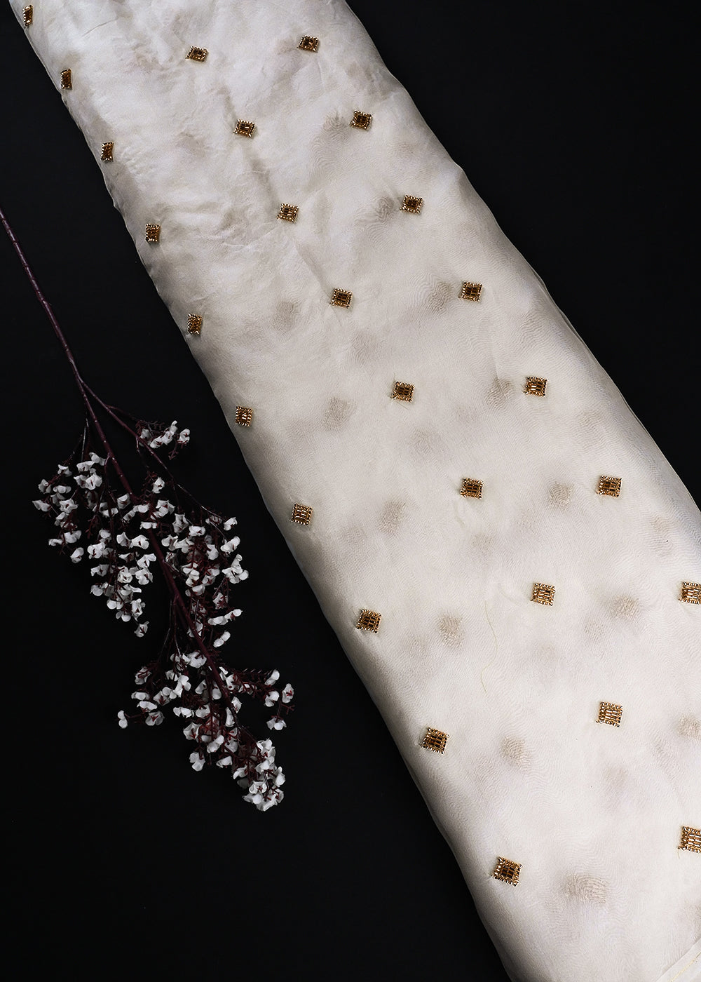 White Dyeable Organza Fabric With All Over Buti Of Katdana Work 25185
