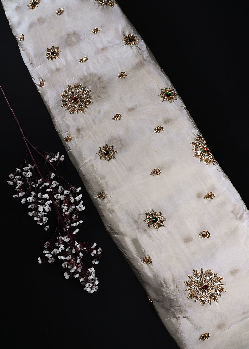 White Dyeable Crepe Fabric With All Over Buti Of Zari, Sequins, Katdana, Bead And Stone Work 25186