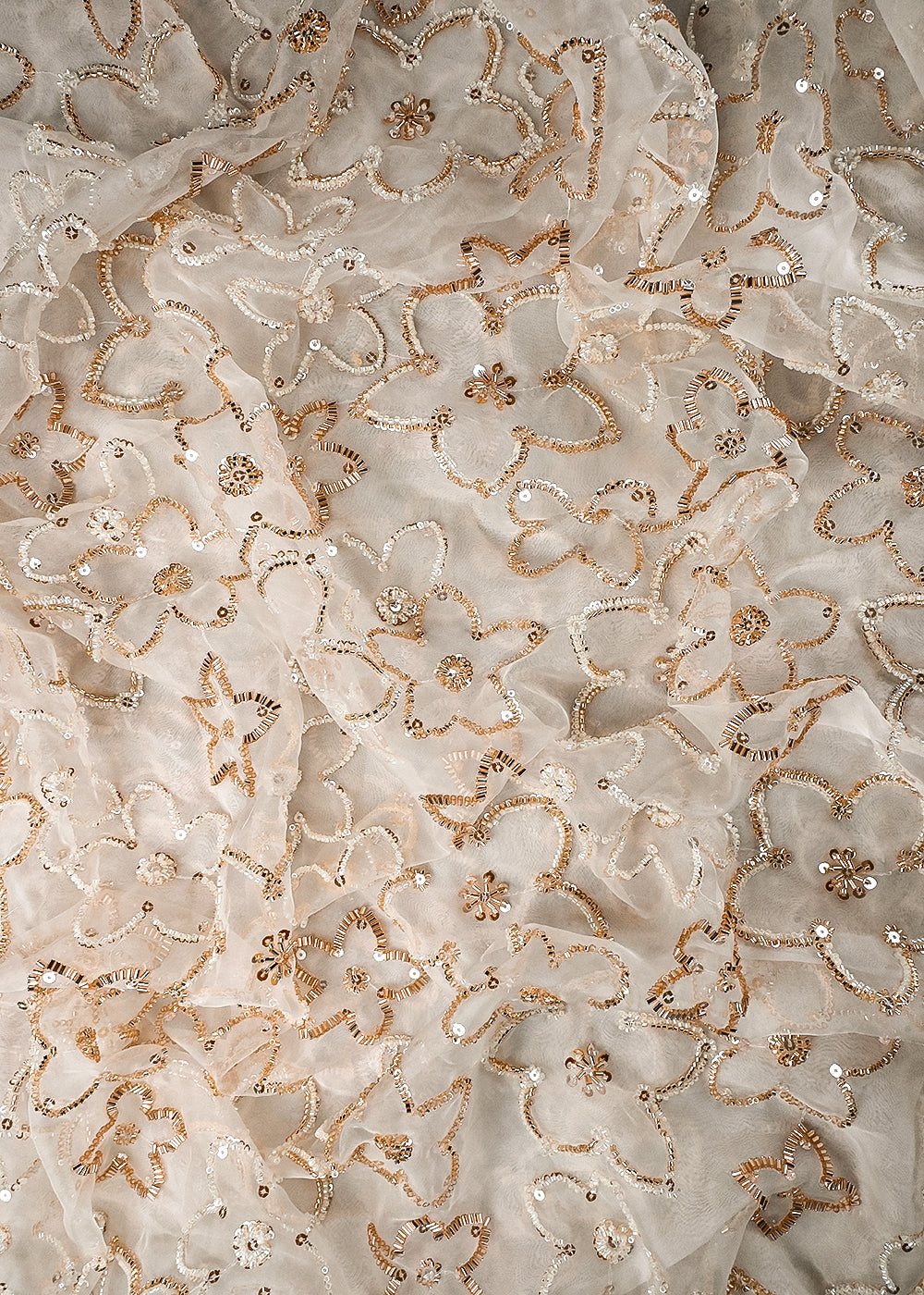 White Dyeable Organza Fabric With All Over Sequins And Katdana Work 25187