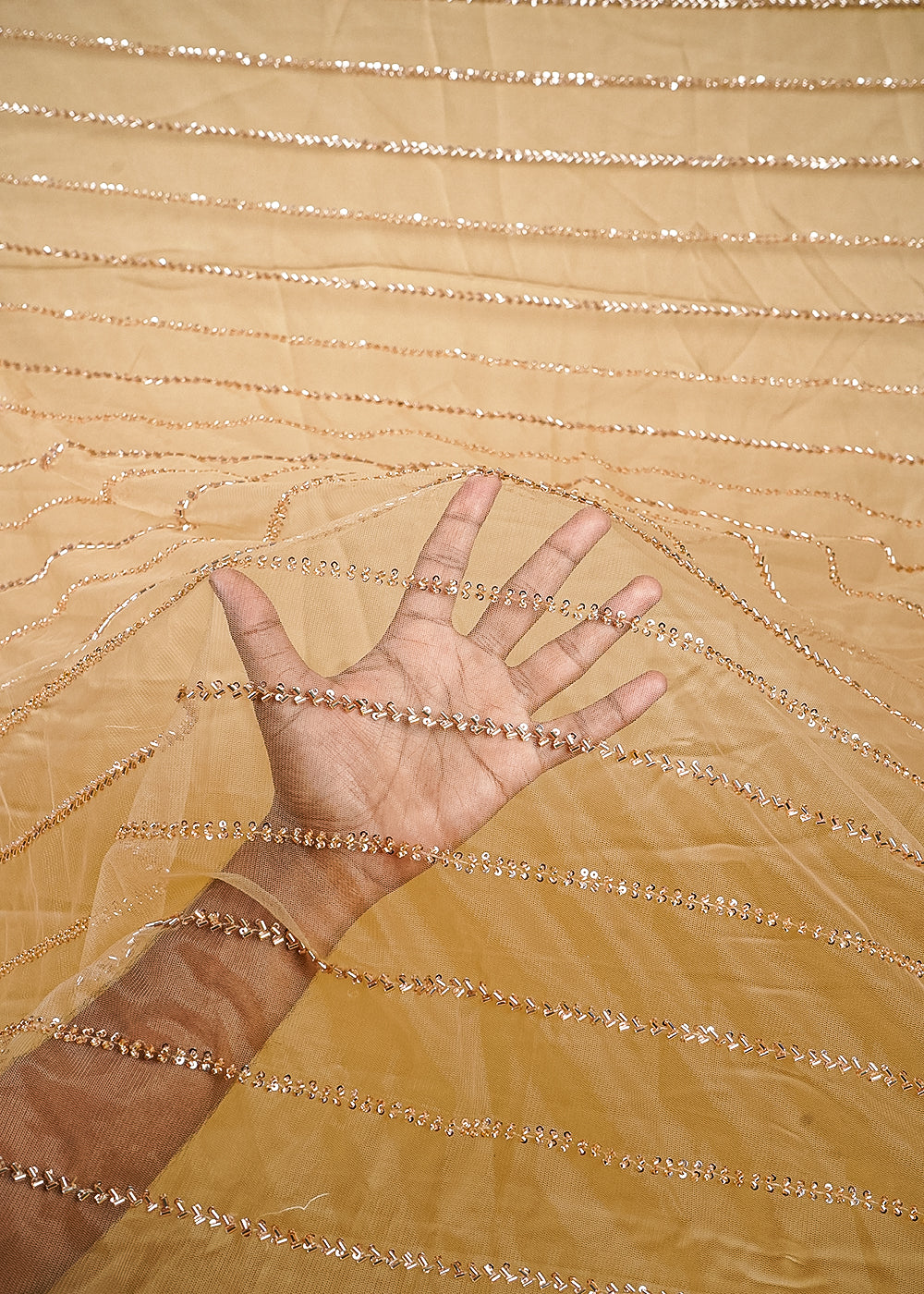 Golden Net Fabric With All Over Katdana Work 25189