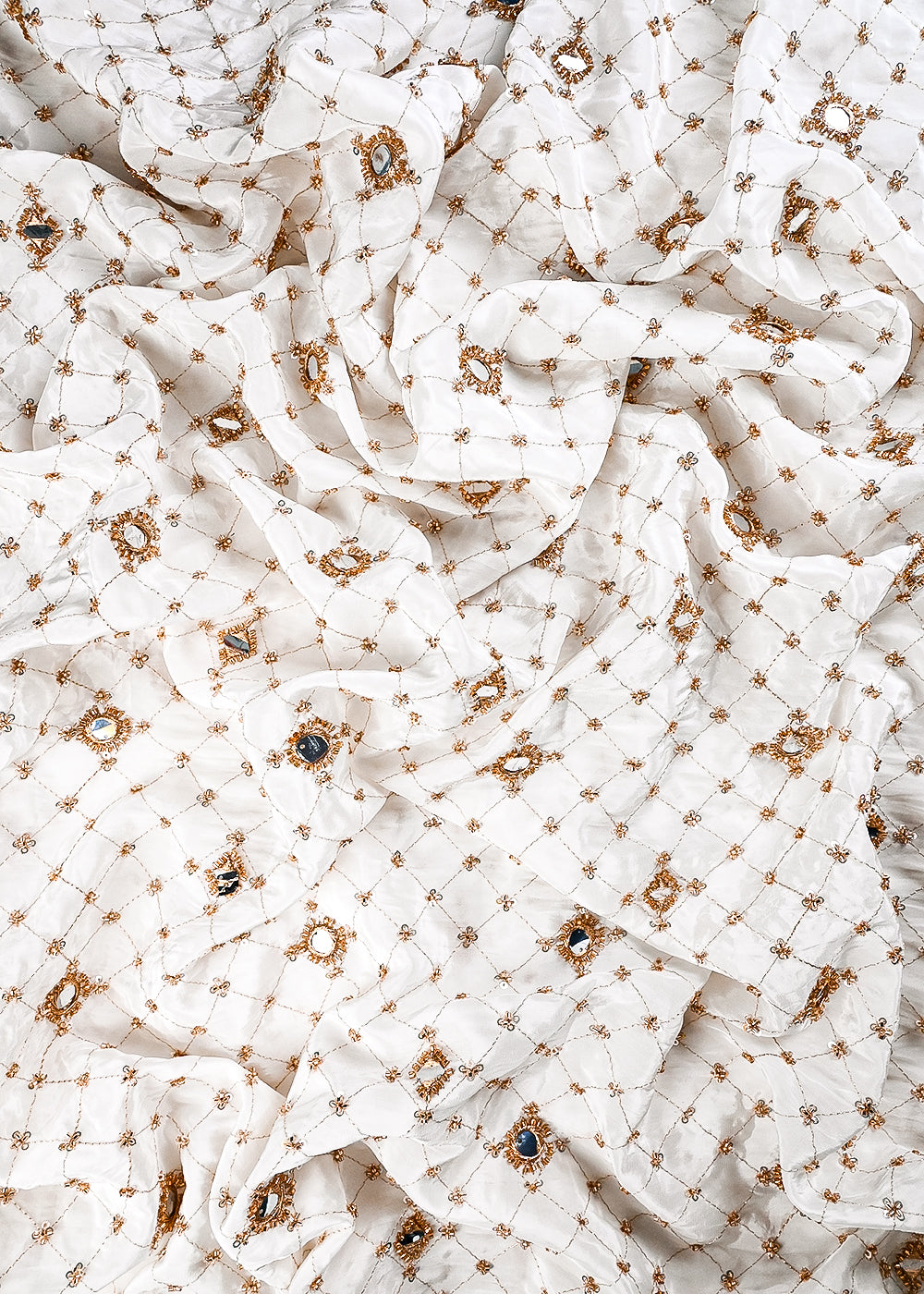 White Dyeable Crepe Fabric With All Over Zari, Sequins, Katdana And Faux Mirror Work 25217