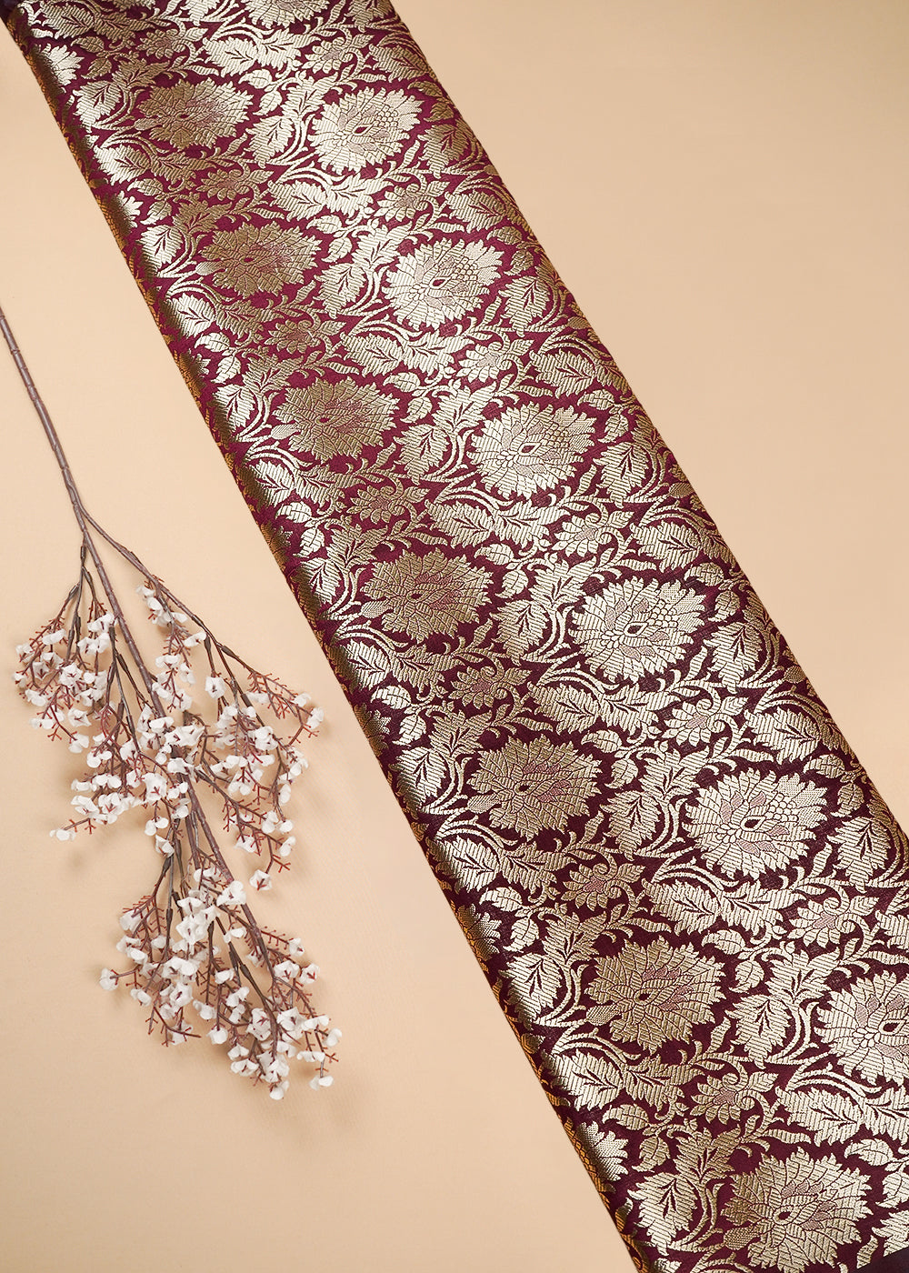 Maroon Banarasi Brocade Fabric With All Over Zari Handloom 25232