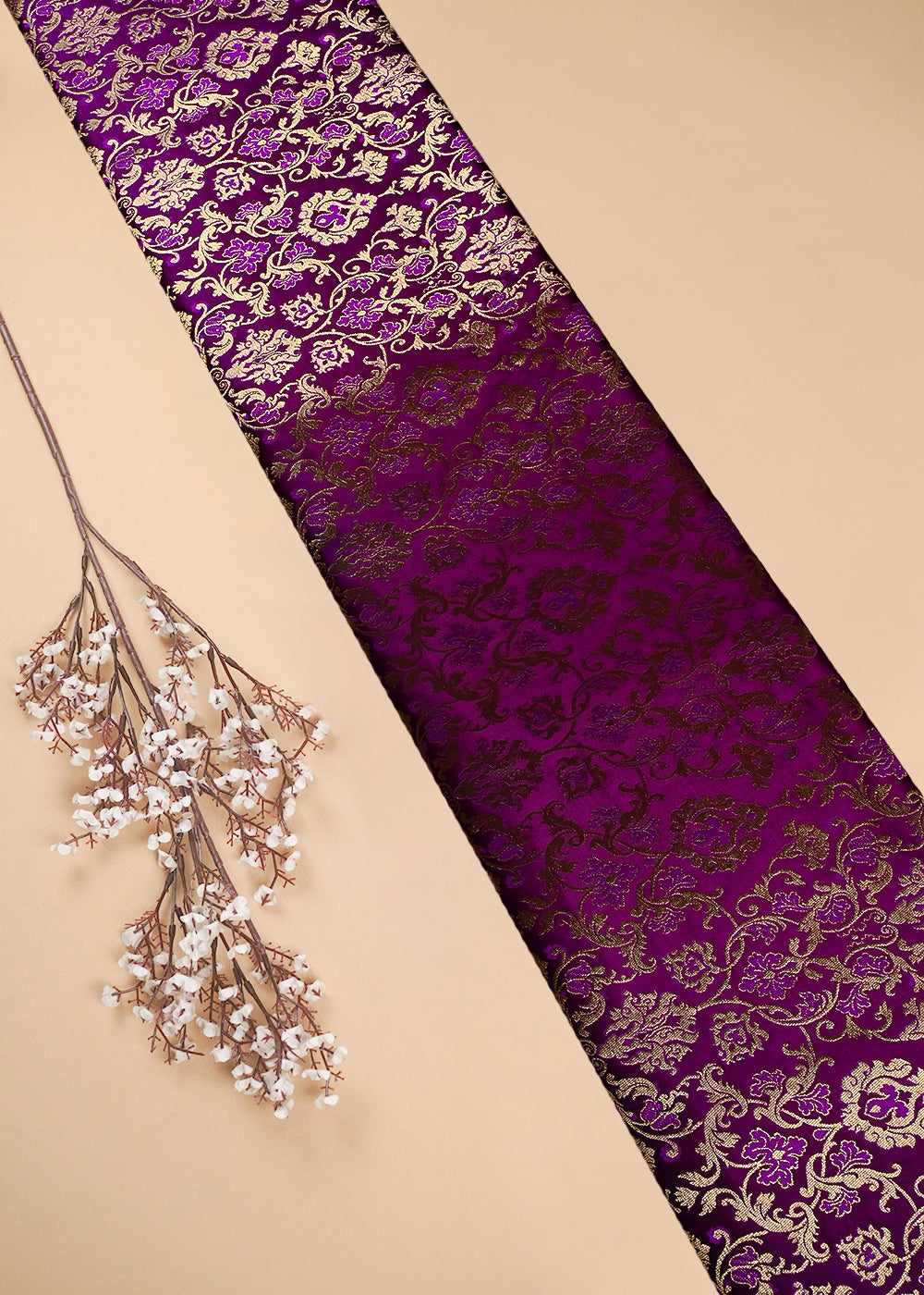 Purple Banarasi Brocade Fabric With All Over Thread And Zari Handloom 25236