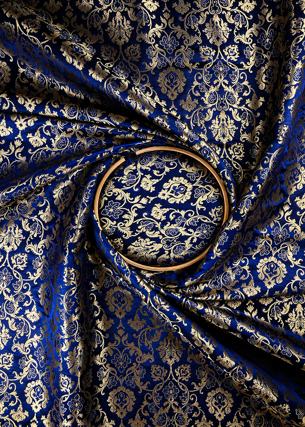 Navy Blue Banarasi Brocade Fabric With All Over Thread And Zari Handloom 25237