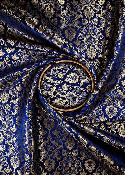 Navy Blue Banarasi Brocade Fabric With All Over Thread And Zari Handloom 25237