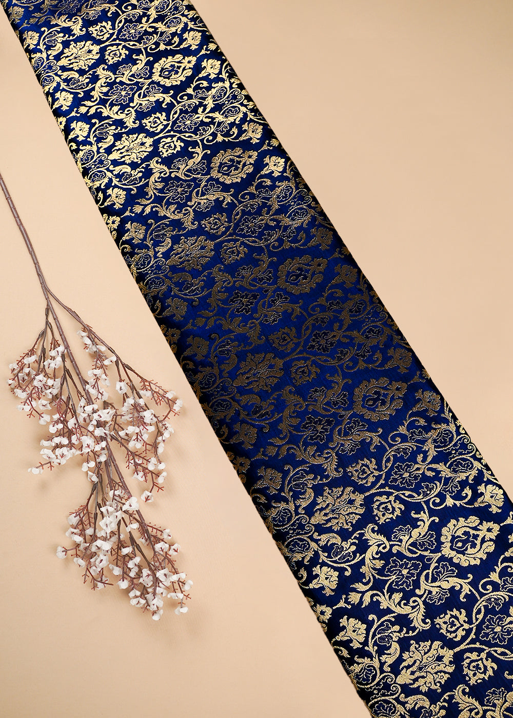 Navy Blue Banarasi Brocade Fabric With All Over Thread And Zari Handloom 25237
