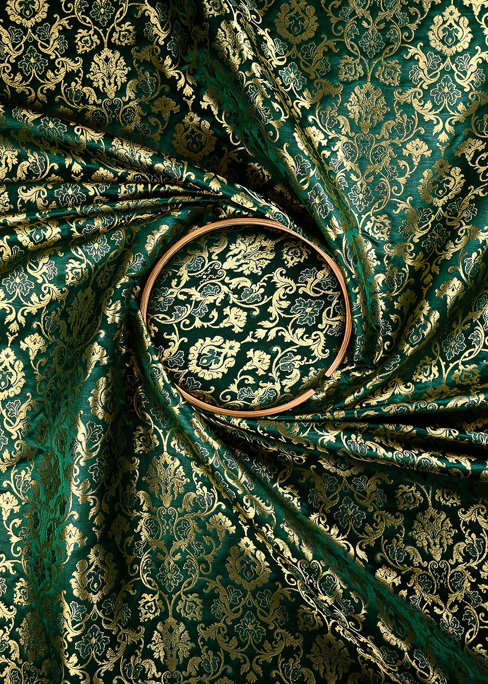 Bottle Green Banarasi Brocade Fabric With All Over Thread And Zari Handloom 25238