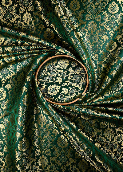 Bottle Green Banarasi Brocade Fabric With All Over Thread And Zari Handloom 25238