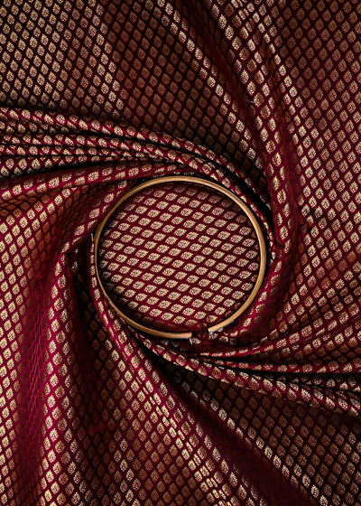 Wine Banarasi Brocade Fabric With All Over Thread And Zari Handloom 25243