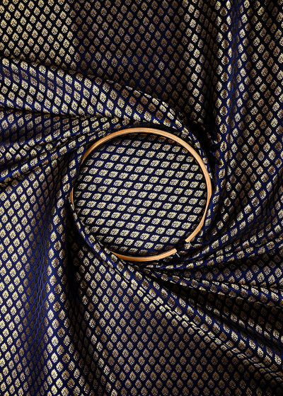 Navy Blue Banarasi Brocade Fabric With All Over Thread And Zari Handloom 25245