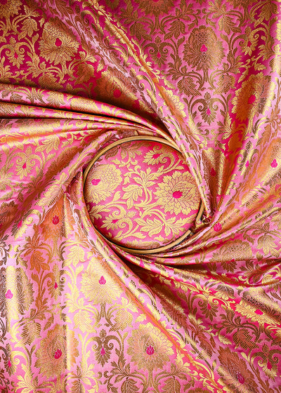 Baby Pink Banarasi Brocade Fabric With All Over Thread And Zari Handloom 25254