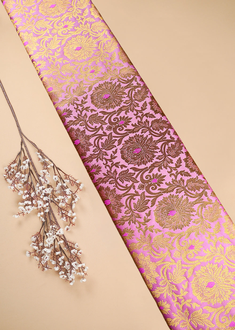 Pink Banarasi Brocade Fabric With All Over Thread And Zari Handloom 25255