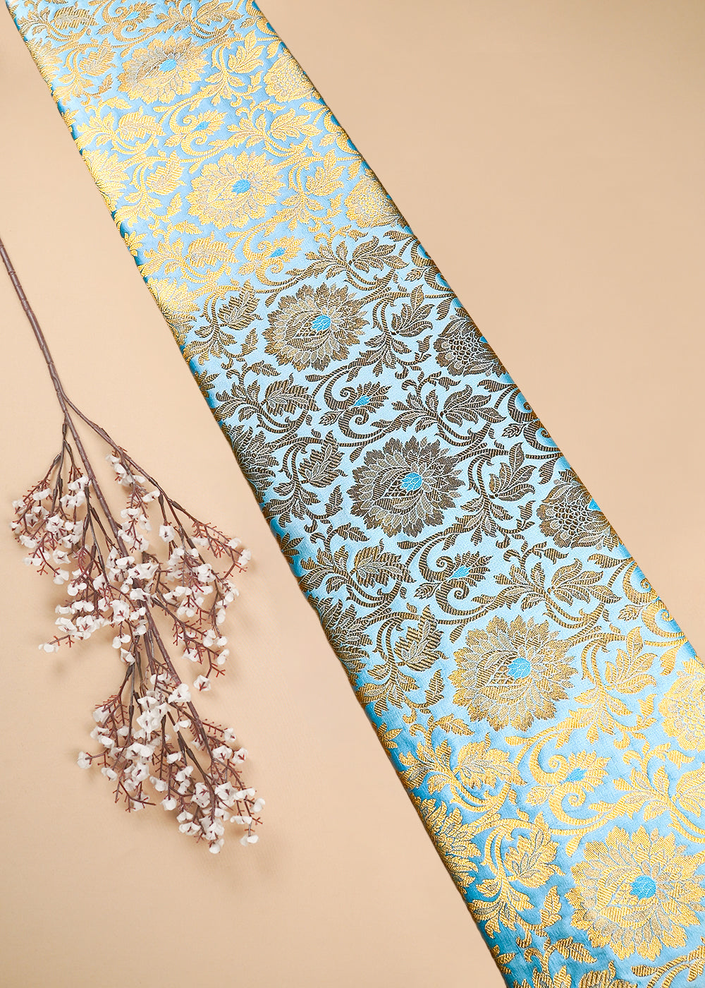 Light Blue Banarasi Brocade Fabric With All Over Thread And Zari Handloom 25256