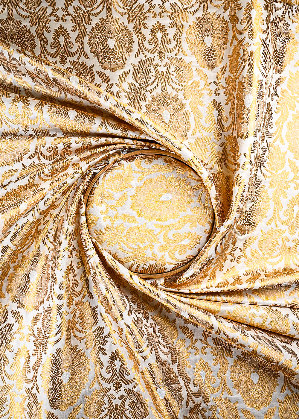 Off White Banarasi Brocade Fabric With All Over Thread And Zari Handloom 25258