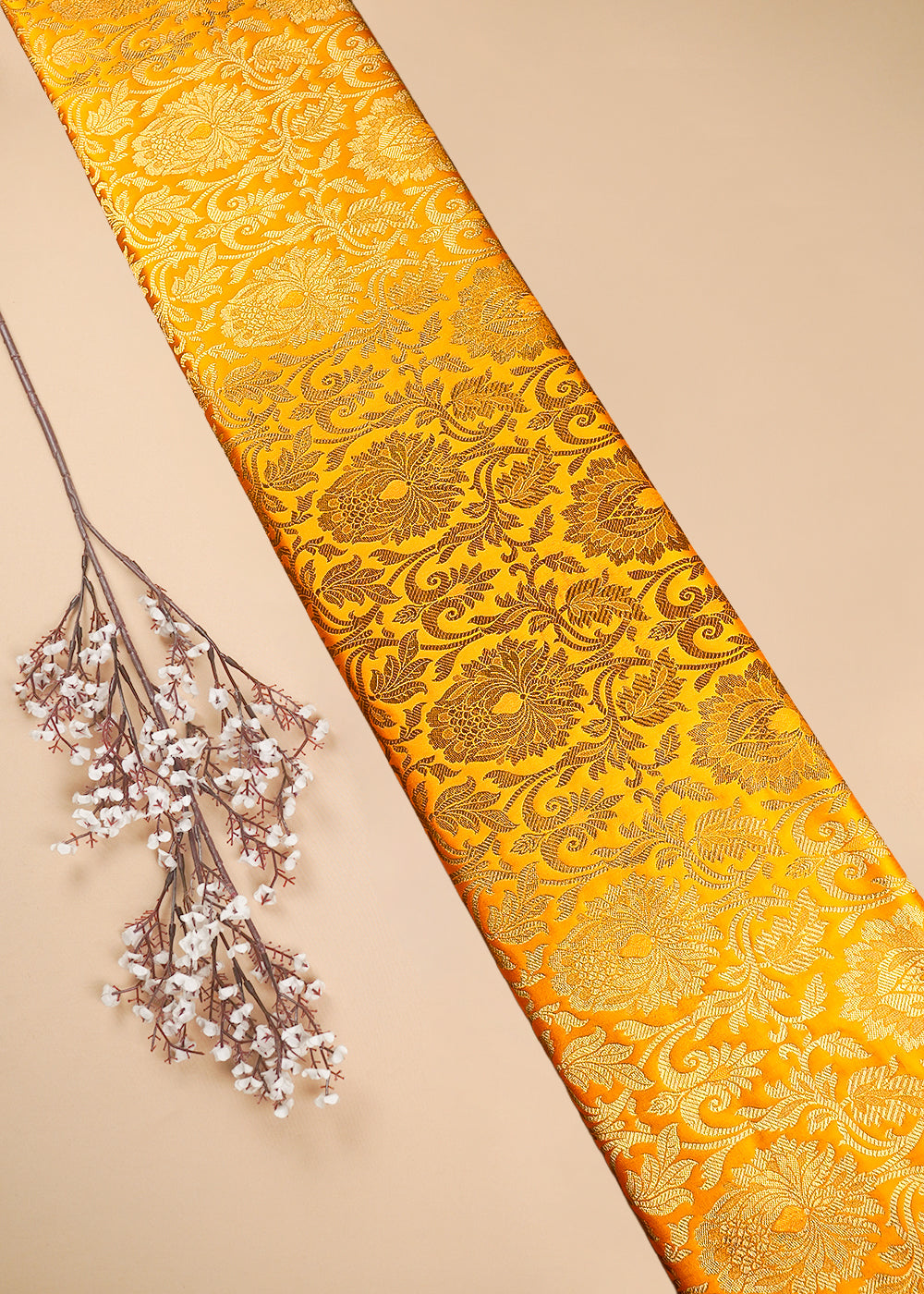 Yellow Banarasi Brocade Fabric With All Over Thread And Zari Handloom 25260
