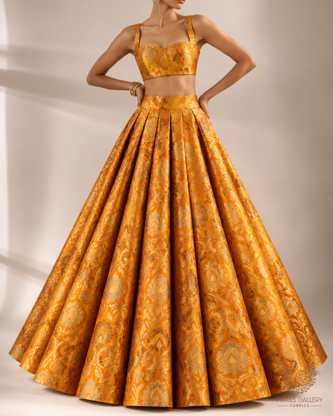 Mustard Banarasi Brocade Fabric With All Over Thread And Zari Handloom 25260