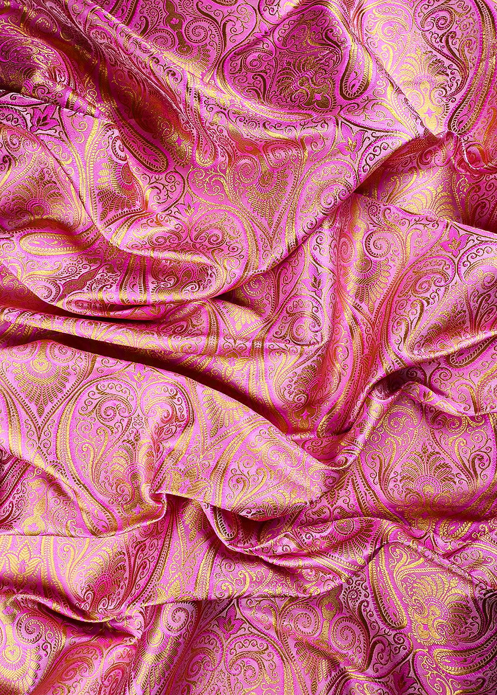 Pink Banarasi Brocade Fabric With All Over Thread And Zari Handloom 25263