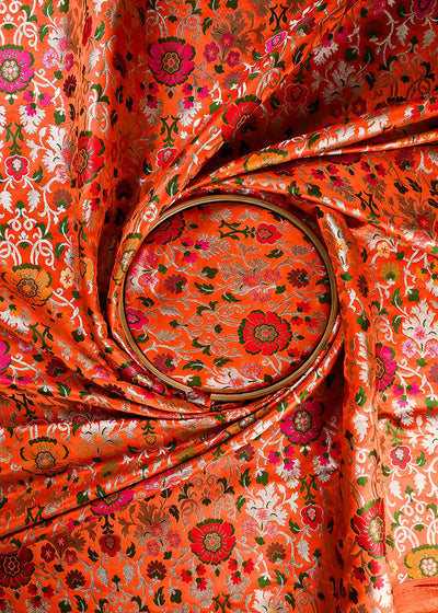 Orange Banarasi Brocade Fabric With All Over Thread And Zari Handloom 25270