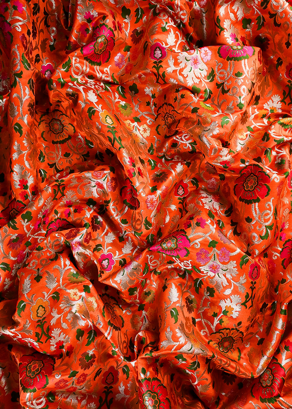 Orange Banarasi Brocade Fabric With All Over Thread And Zari Handloom 25270