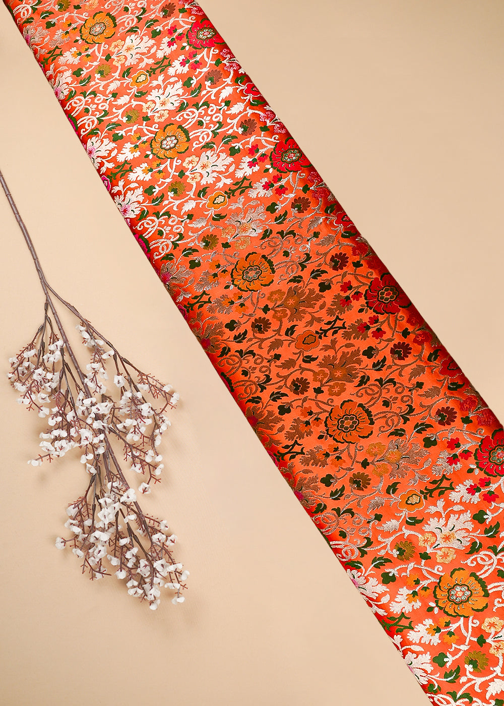 Orange Banarasi Brocade Fabric With All Over Thread And Zari Handloom 25270