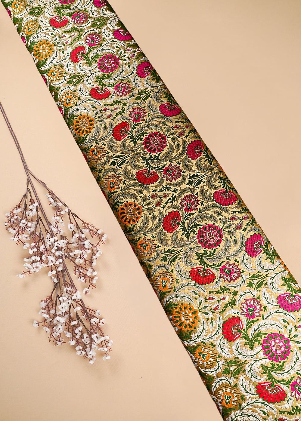 Gold Pure Banarasi Brocade Fabric With All Over Thread And Zari Handloom 25271