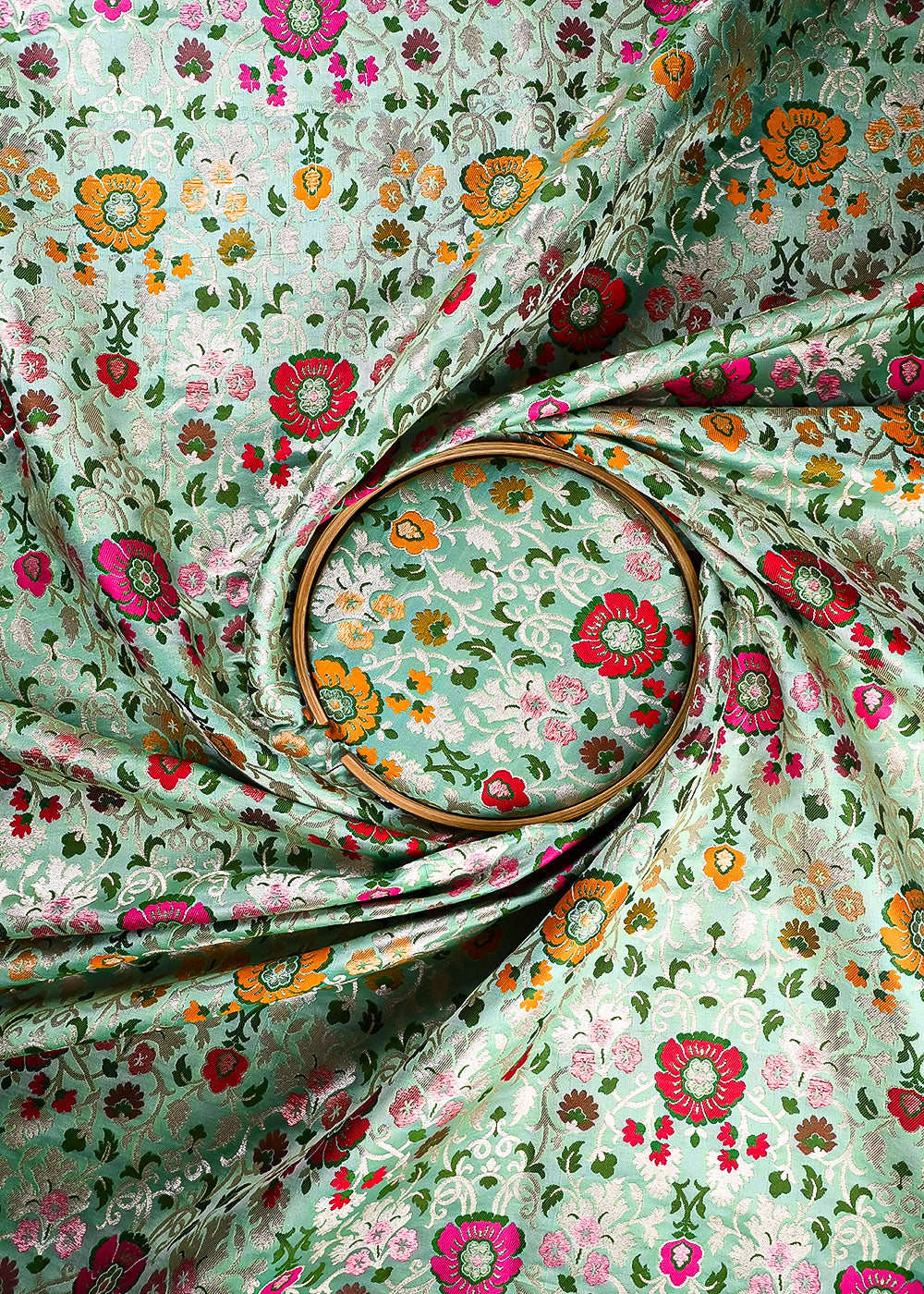Dark Pista Banarasi Brocade Fabric With All Over Thread And Zari Handloom 25275