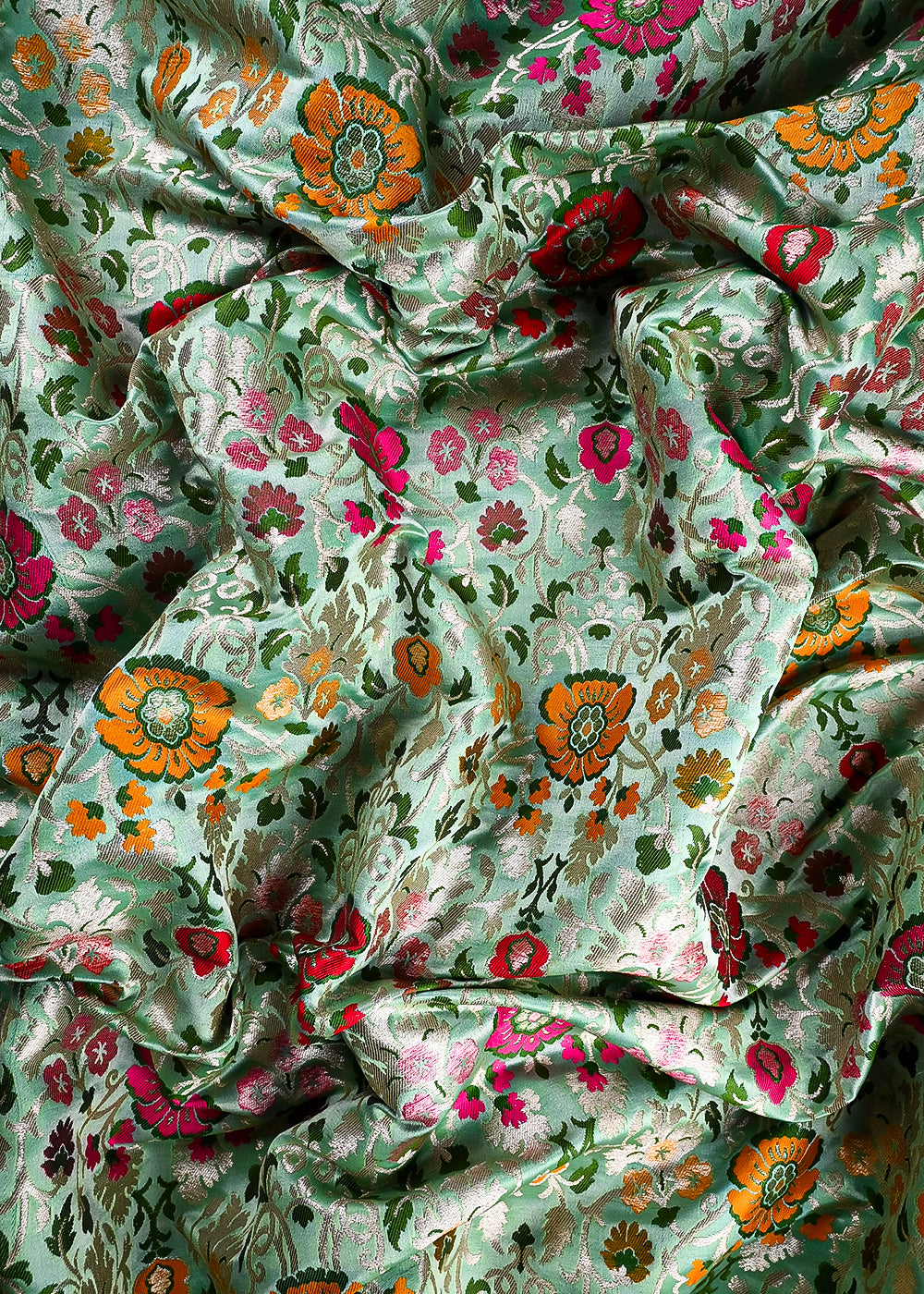 Dark Pista Banarasi Brocade Fabric With All Over Thread And Zari Handloom 25275