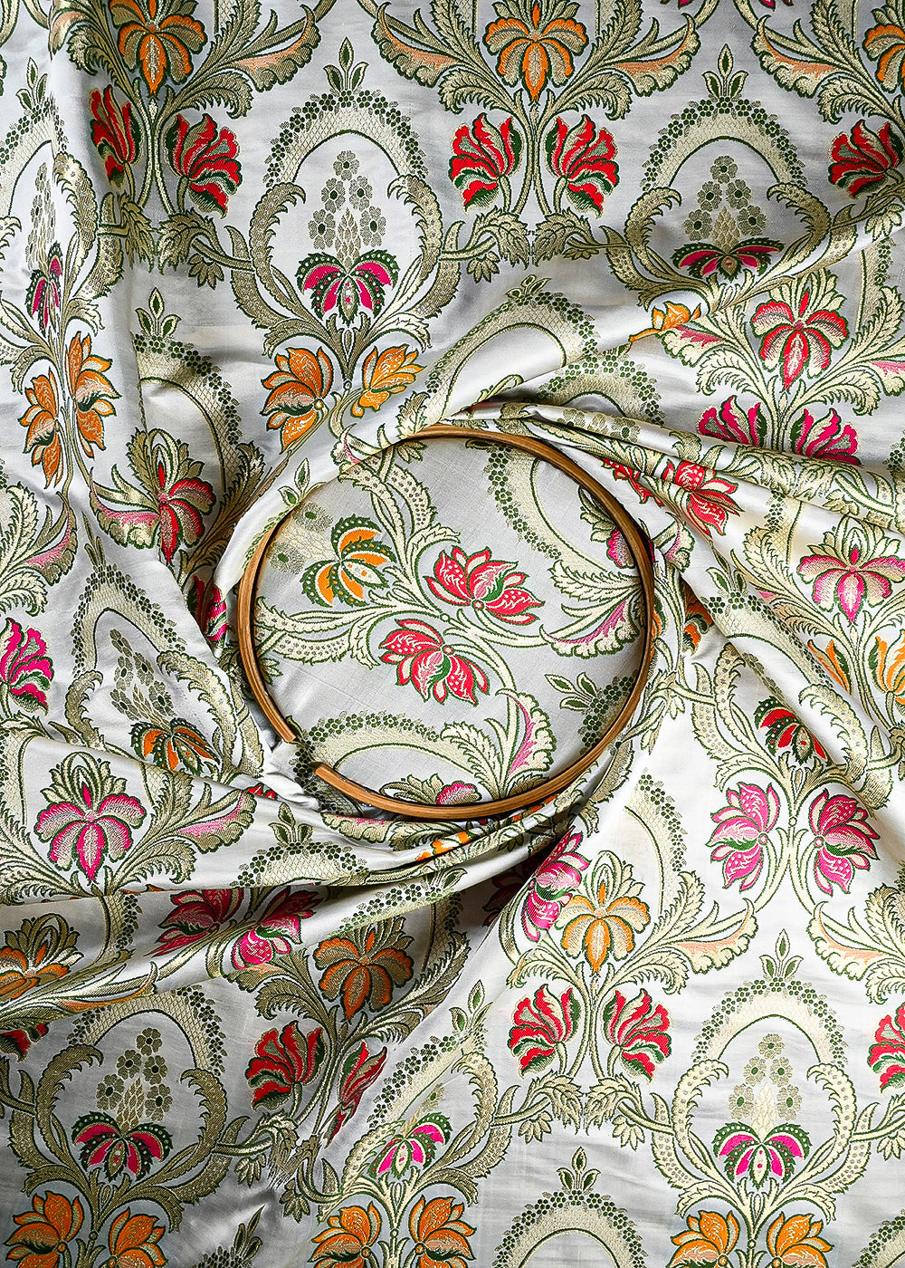 Cream Pure Banarasi Brocade Fabric With All Over Thread And Zari Handloom 25276