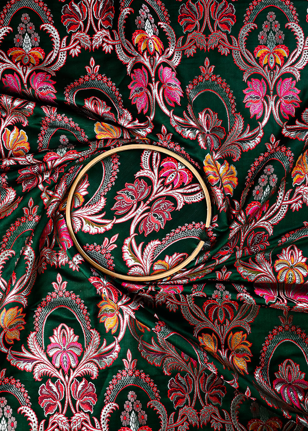 Bottle Green Pure Banarasi Brocade Fabric With All Over Thread And Zari Handloom 25278