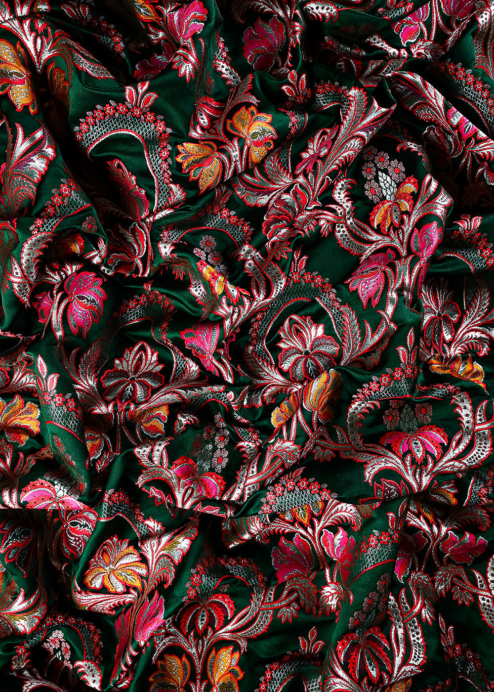Bottle Green Pure Banarasi Brocade Fabric With All Over Thread And Zari Handloom 25278