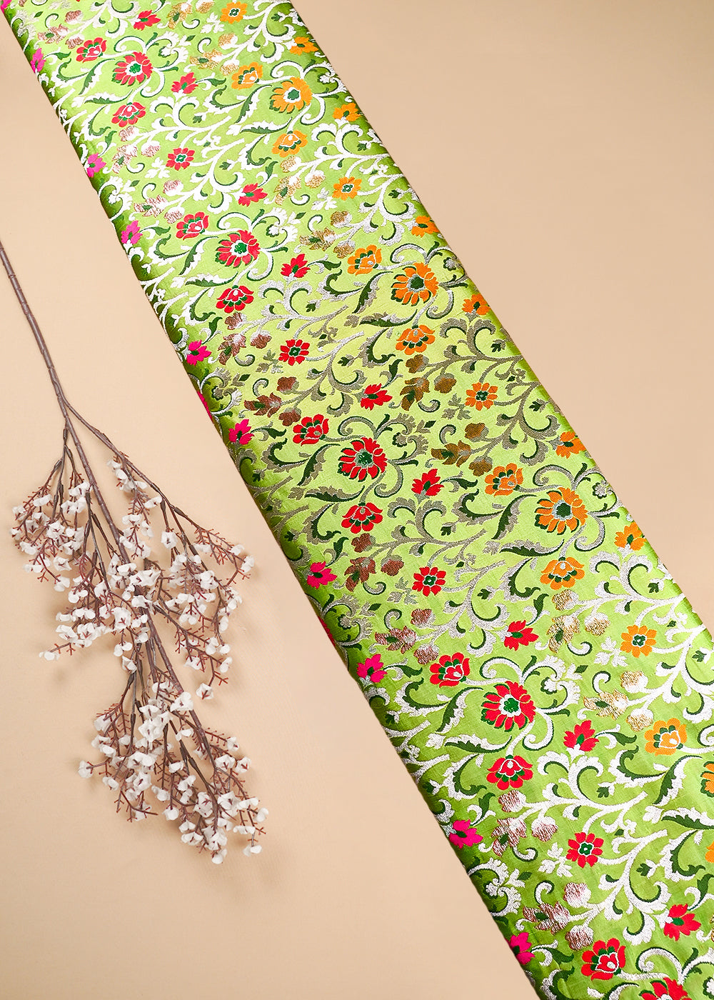Light Green Pure Banarasi Brocade Fabric With All Over Thread And Zari Handloom 25280
