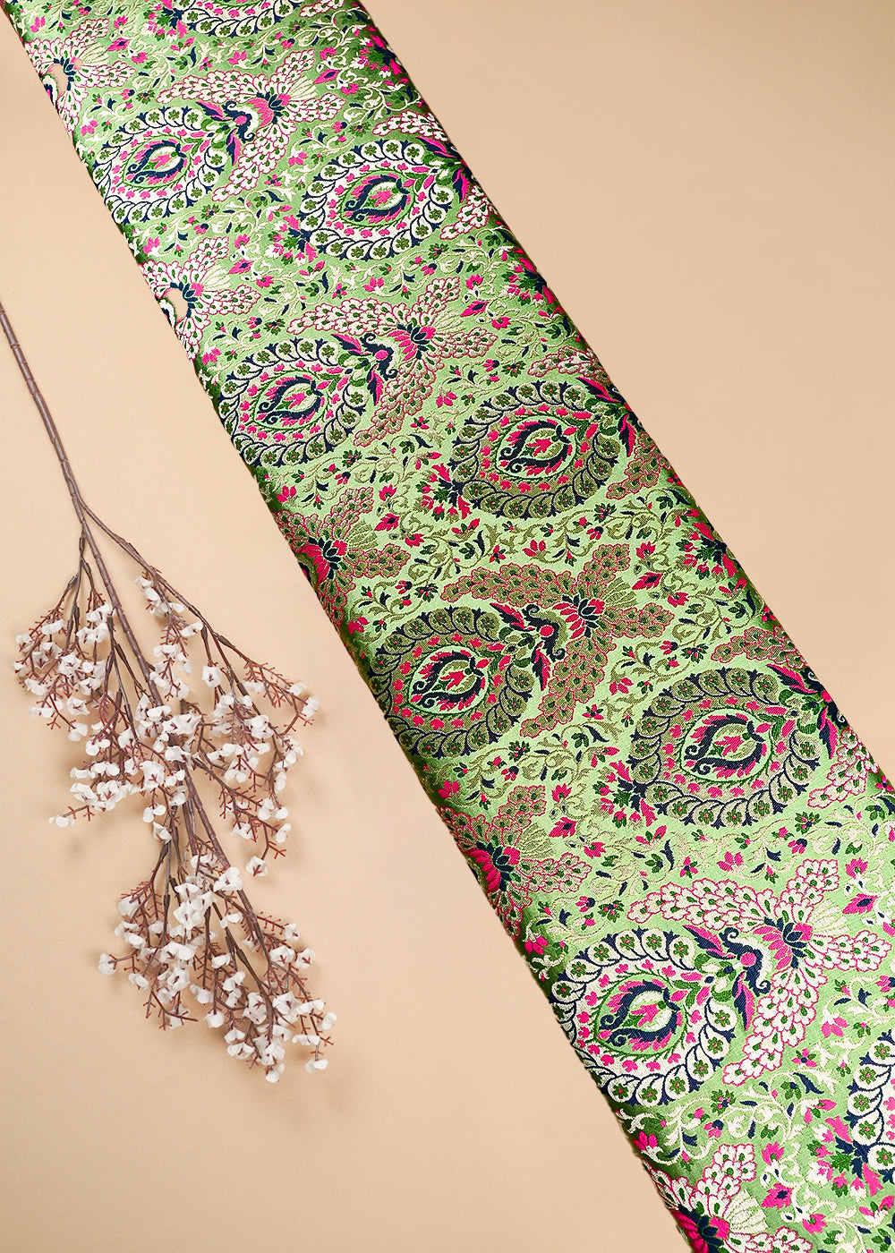 Green Pure Banarasi Brocade Fabric With All Over Thread And Zari Handloom 25283