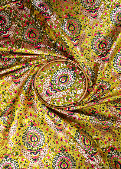 Olive Green Pure Banarasi Brocade Fabric With All Over Thread And Zari Handloom 25284