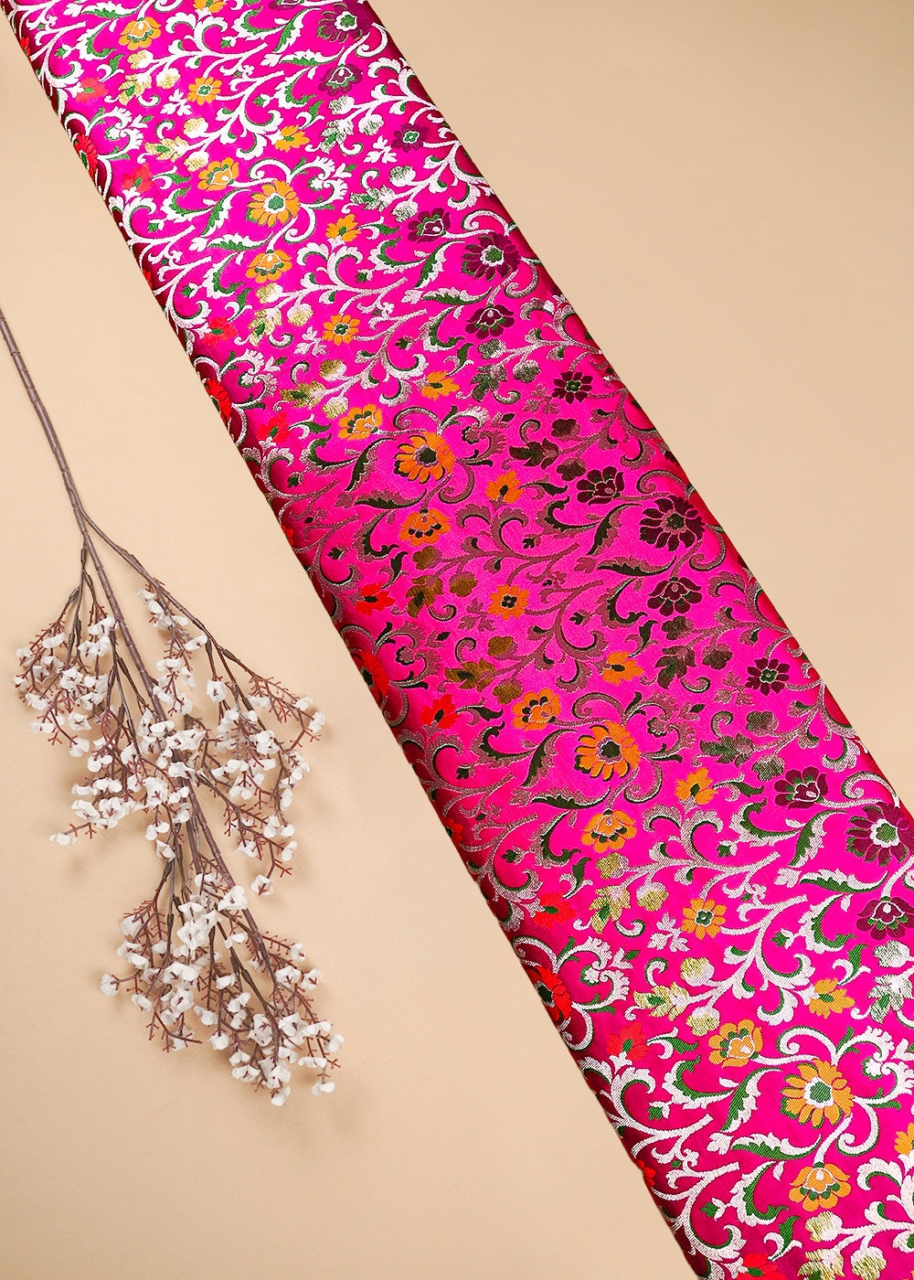 Rani Pink Pure Banarasi Brocade Fabric With All Over Thread And Zari Handloom 25285
