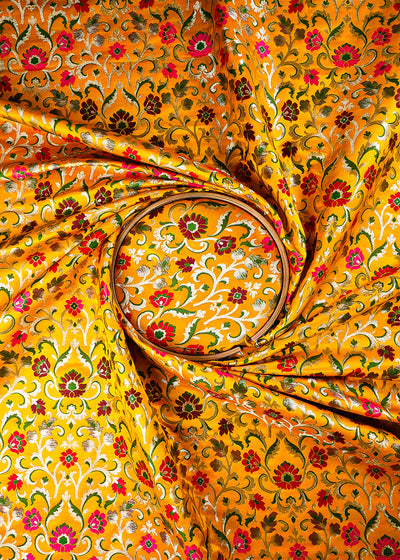 Yellow Pure Banarasi Brocade Fabric With All Over Thread And Zari Handloom 25286