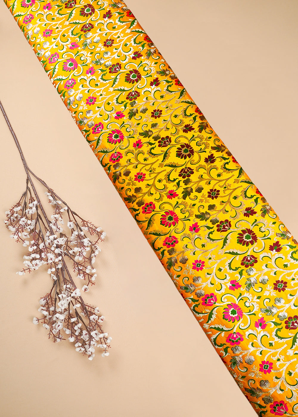 Yellow Pure Banarasi Brocade Fabric With All Over Thread And Zari Handloom 25286