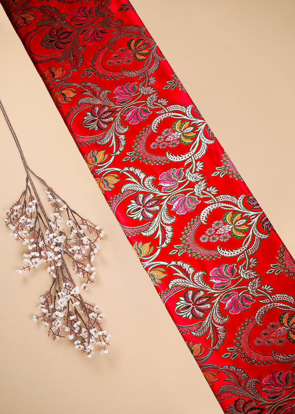 Red Pure Banarasi Brocade Fabric With All Over Thread And Zari Handloom 25288
